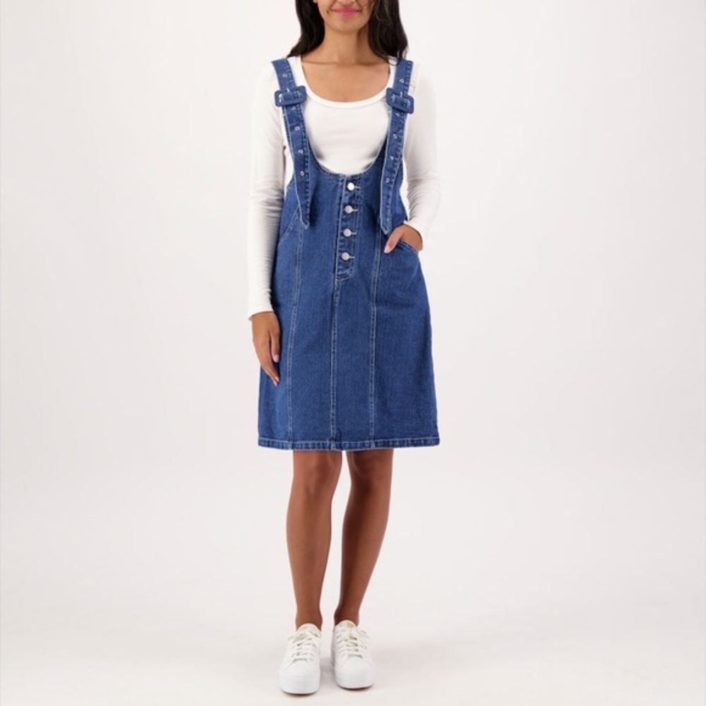 Cloud Ten Denim Skirtall Cotton Dark Wash Button Front Adjustable Straps Overall